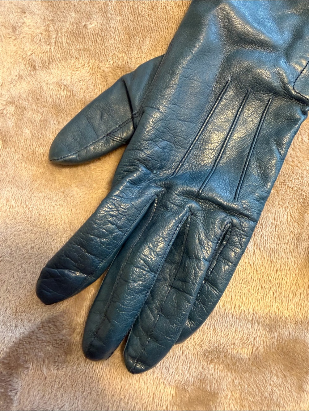 Coach Teal Leather Gloves with Gold Button Details - Picture 4 of 7